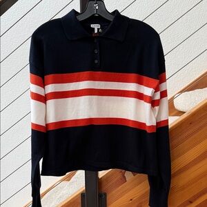 NWT Loewe Logo Embroidered Boxy Fit Striped Cotton Polo Sz S Navy, White, Orange